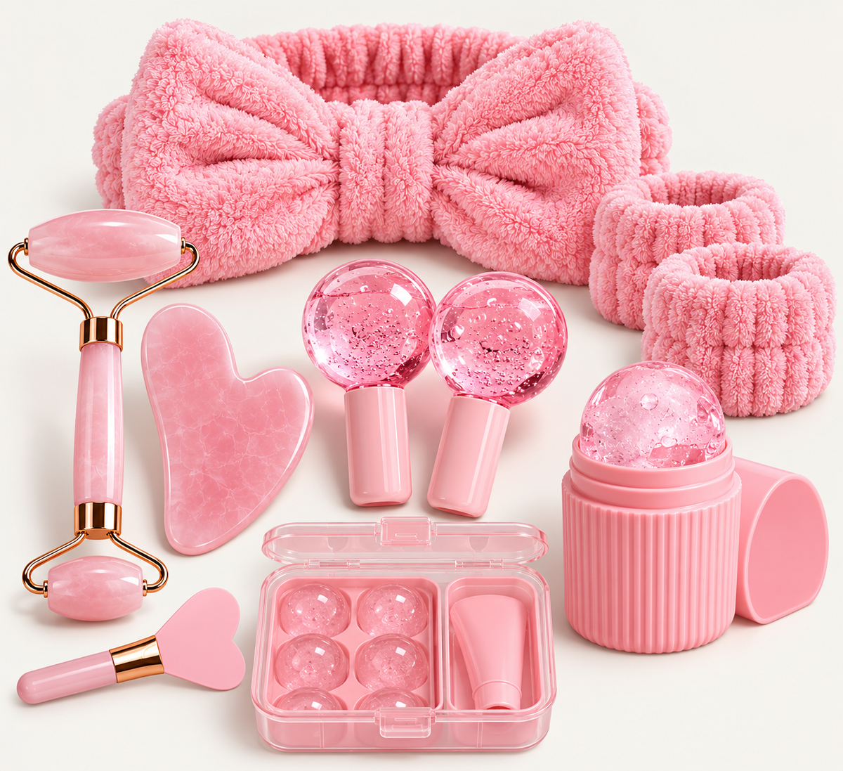 Coffret rose de soins et accessoires beauté